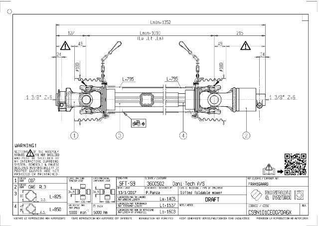 S9 Standard PTO Aksel 1010mm - 1 3/8 Z6 Gaffel med snaplås x 1 3/8 Z6 RL3 - Friløbskobling med kilebolt