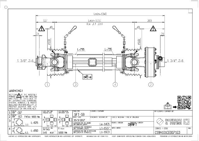 S9 Standard PTO Aksel 1010mm - 1 3/8 Z6 Gaffel med snaplås x 1 3/4 Z6 FNT44 - Friktionskobling med friløb (ikke justerbar) med kilebolt