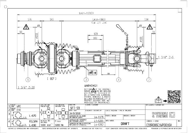 S9 80° Vidvinkel PTO Aksel 860mm - 1 3/4 Z20 Gaffel med automatisk kuglelås x 1 3/4 Z6 Gaffel med kilebolt