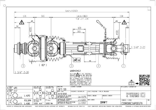 S9 80° Vidvinkel PTO Aksel 860mm - 1 3/4 Z20 Gaffel med automatisk kuglelås x 1 3/4 Z20 Gaffel med kilebolt