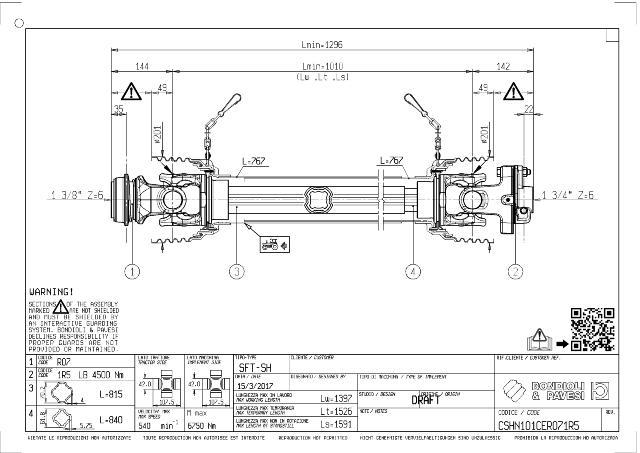 SH Standard PTO Aksel 1010mm - 1 3/8 Z6 Gaffel med kuglelås x 1 3/4 Z6 LB - Boltekobling med kilebolt