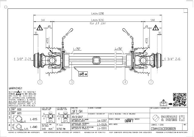 SH Standard PTO Aksel 1010mm - 1 3/8 Z21 Gaffel med kuglelås x 1 3/4 Z6 Gaffel med kuglelås