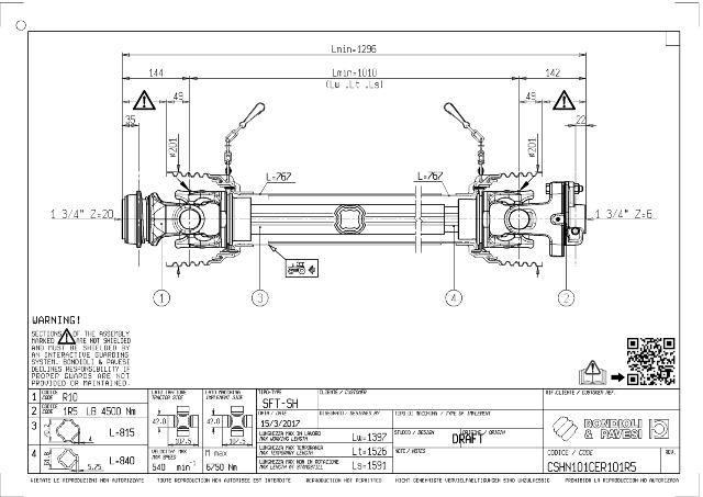 SH Standard PTO Aksel 1010mm - 1 3/4 Z20 Gaffel med kuglelås x 1 3/4 Z6 LB - Boltekobling med kilebolt