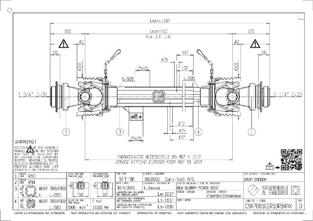 SK Standard PTO Aksel 810mm - 1 3/4 Z20 Gaffel med kuglelås x 2 1/4 Z22 Gaffel med kuglelås