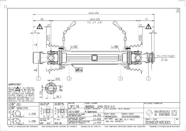 S1 Standard PTO Aksel 320mm - Ø25 mm Gaffel med notgang x Ø25 mm Z14 Gaffel med kuglelås