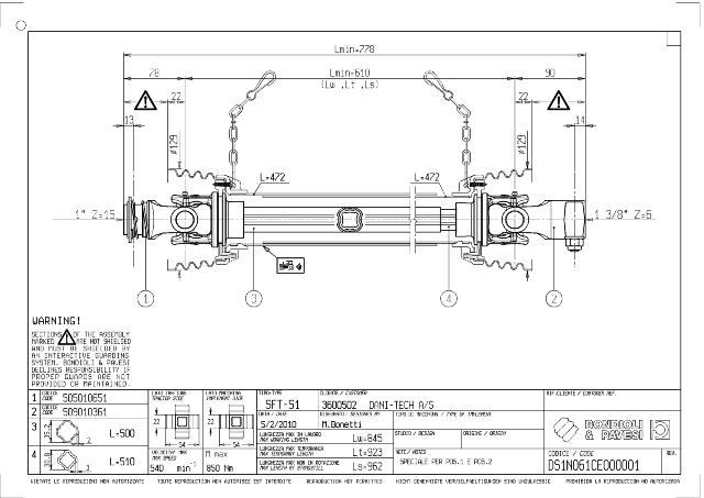 S1 Standard PTO Aksel 610mm - 1 Z15 Gaffel med kuglelås x 1 3/8 Z6 Gaffel med kilebolt