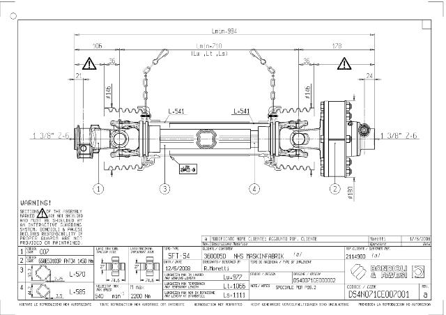 S4 Standard PTO Aksel 710mm - 1 3/8 Z6 Gaffel med snaplås x 1 3/8 Z6 FNT34 - Friktionskobling med friløb (ikke justerbar) 