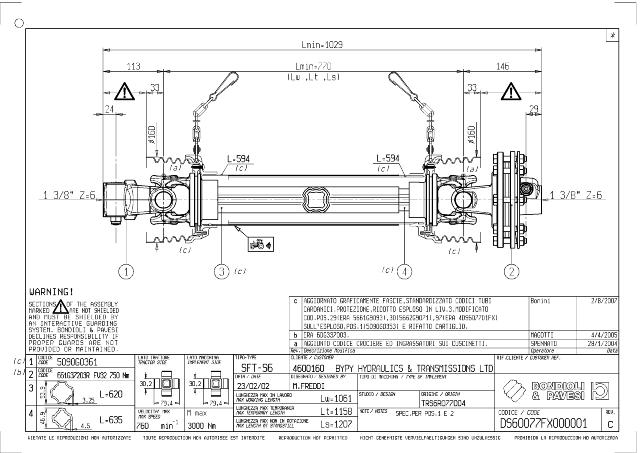 S6 Standard PTO Aksel 770mm - 1 3/8 Z6 Gaffel med kilebolt x 1 3/8 Z6 FV32 - Friktionskobling (justerbar) med kilebolt