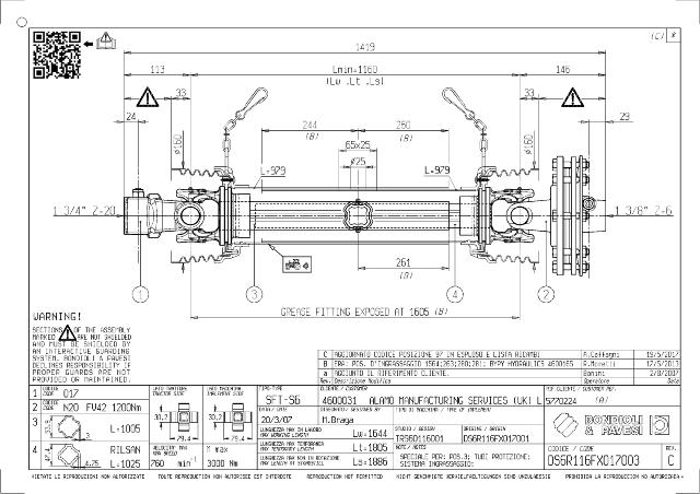 S6 Standard PTO Aksel 1160mm - 1 3/4 Z20 Gaffel med kilebolt x 1 3/8 Z6 FV42 - Friktionskobling (justerbar) med kilebolt