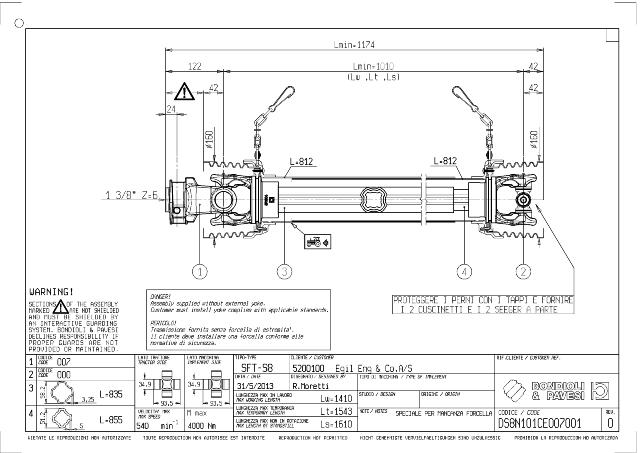 S8 Standard PTO Aksel 1010mm - 1 3/8 Z6 Gaffel med snaplås x Kardankryds 