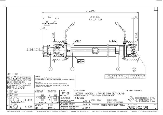 S8 Standard PTO Aksel 1210mm - 1 3/8 Z6 Gaffel med snaplås x Kardankryds 