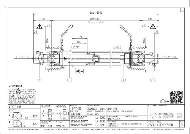 S8 Standard PTO Aksel 1410mm - 1 3/4 Z6 Gaffel med kilebolt x 1 3/4 Z6 Gaffel med kilebolt