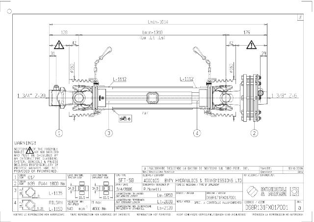 S8 Standard PTO Aksel 1310mm - 1 3/4 Z20 Gaffel med kilebolt x 1 3/8 Z6 FV44 - Friktionskobling (justerbar) med kilebolt