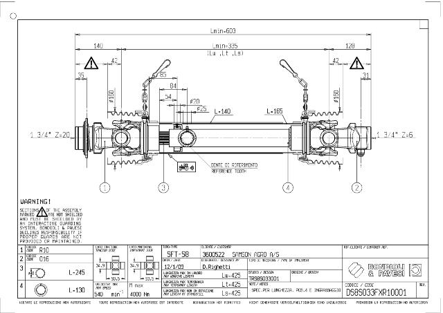 S8 Standard PTO Aksel 330mm - 1 3/4 Z20 Gaffel med kuglelås x 1 3/4 Z6 Gaffel med kilebolt