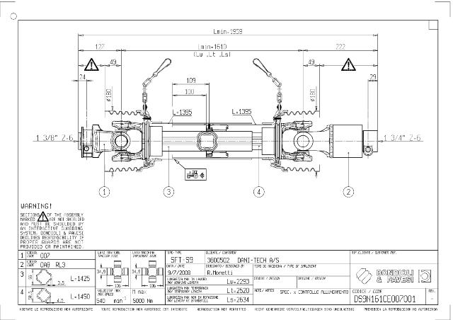 S9 Standard PTO Aksel 610mm - 1 3/8 Z6 Gaffel med snaplås x 1 3/4 Z6 RL3 - Friløbskobling med kilebolt