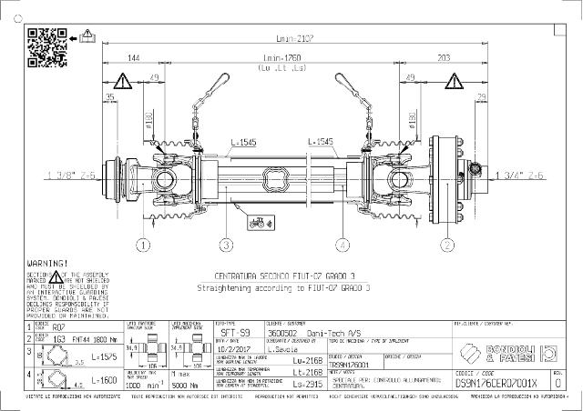 S9 Standard PTO Aksel 1760mm - 1 3/8 Z6 Gaffel med kuglelås x 1 3/4 Z6 FNT44 - Friktionskobling med friløb (ikke justerbar) med kilebolt