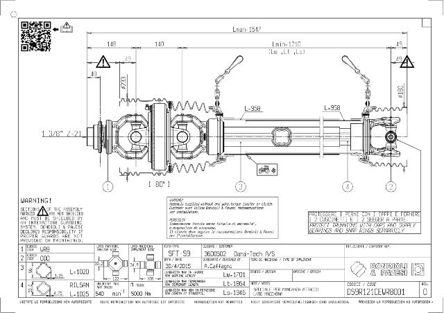 S9 80° Vidvinkel PTO Aksel 1210mm - 1 3/8 Z21 Gaffel med kuglelås x Kardankryds 