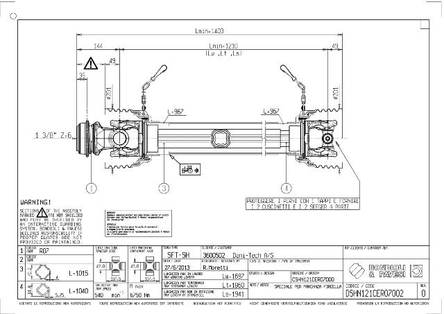 SH Standard PTO Aksel 1210mm - 1 3/8 Z6 Gaffel med snaplås x Kardankryds 