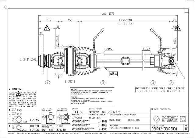 SH 75° Vidvinkel PTO Aksel 1210mm - 1 3/4 Z6 Gaffel med kuglelås x Kardankryds 