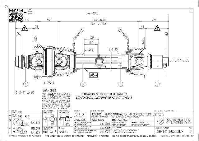 SH 75° Vidvinkel PTO Aksel 1410mm - 1 3/4 Z20 Gaffel med kuglelås x 1 3/4 Z20 RL3 - Friløbskobling med kilebolt