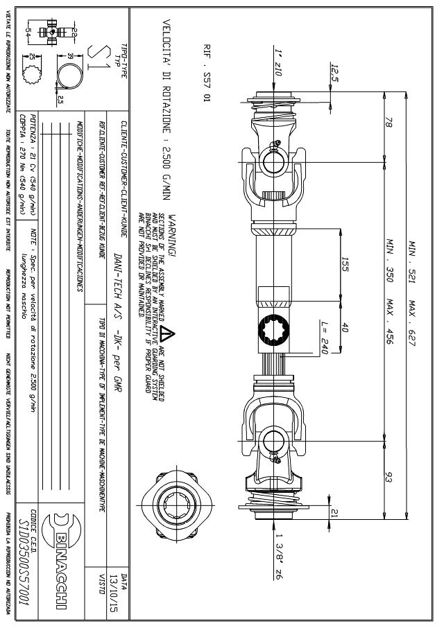 B1 Standard PTO Aksel 350mm - 1 Z10 Gaffel med kuglelås x 1 3/8 Z6 Gaffel med kuglelås