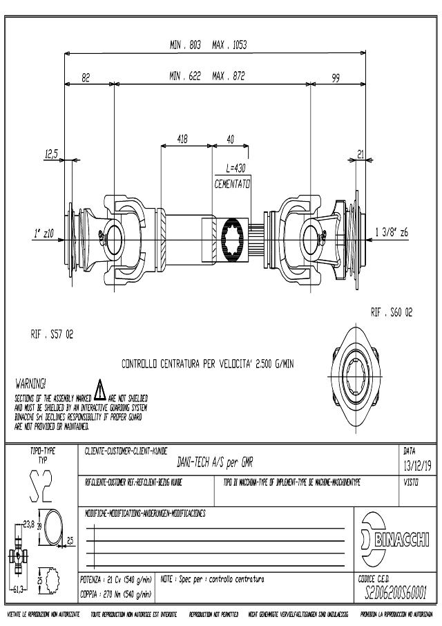 B2 Standard PTO Aksel 622mm - 1 Z10 Gaffel med kuglelås x 1 3/8 Z6 Gaffel med kuglelås