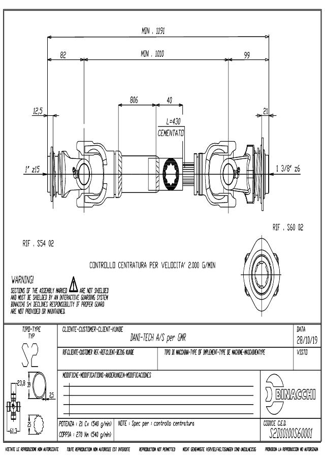 B2 Standard PTO Aksel 1010mm - 1 Z15 Gaffel med kuglelås x 1 3/8 Z6 Gaffel med kuglelås