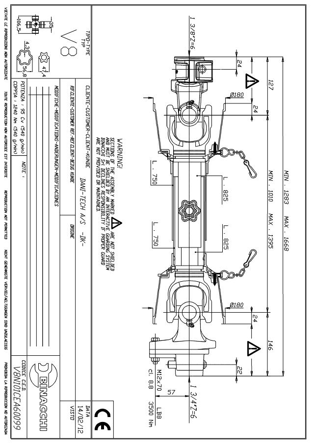 B8 Standard PTO Aksel 1010mm - 1 3/8 Z6 Gaffel med snaplås x 1 3/4 Z6 LB8 - Boltekobling med kilebolt