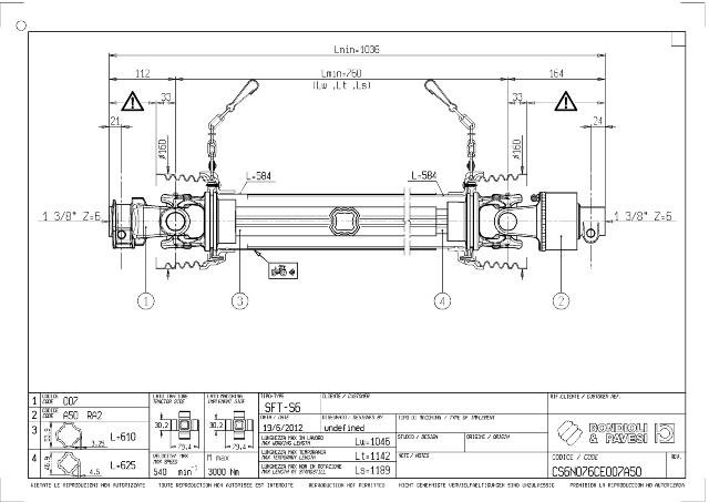 S6 Standard PTO Aksel 760mm - 1 3/8 Z6 Gaffel med snaplås x 1 3/8 Z6 RA2 DX - Friløbskobling (højre) med kilebolt